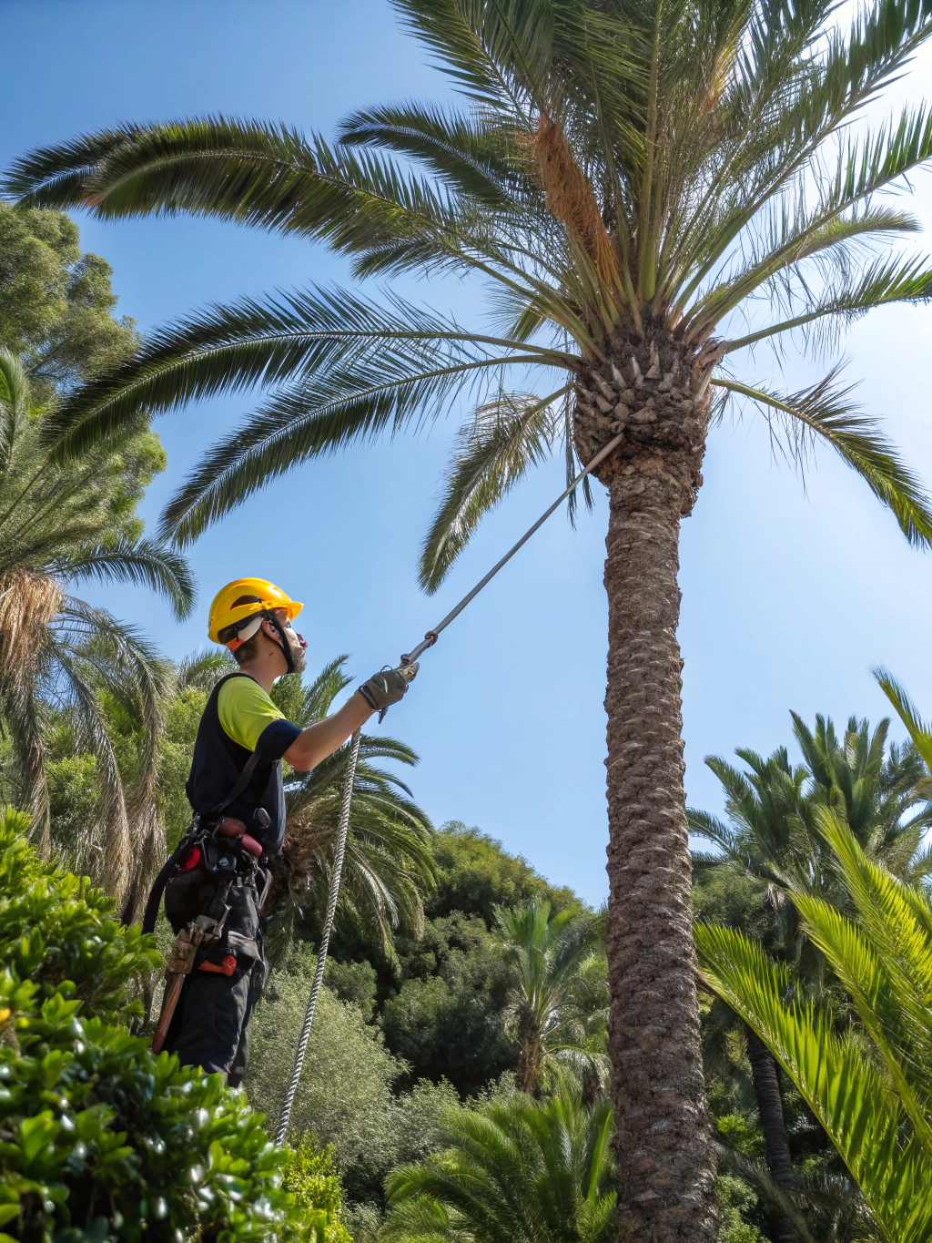 Certified arborist conducting palm frond trimming in a lush tropical landscape
